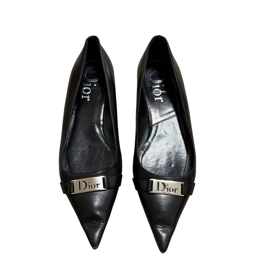 Vintage Christian Dior Womens 38 Pointed Toe Ballet Flats Black Leather Luxury